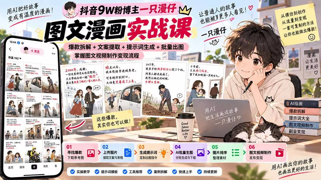 抖音9W粉博主一只漫仔图文漫画课：爆款拆解+文案提取+提示词生成