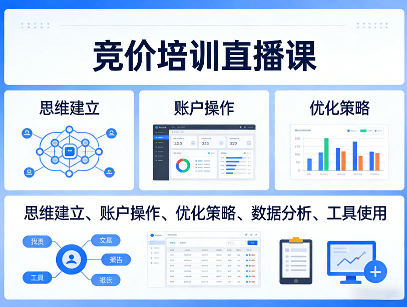 竞价培训直播课，覆盖思维建立、账户操作、优化策略、数据分析、工具使用等，全方位提升效果 《鱼见海科技》-鱼见海资源网-免费PHP网站源码模板,插件软件网创AI智能体资源分享平台！