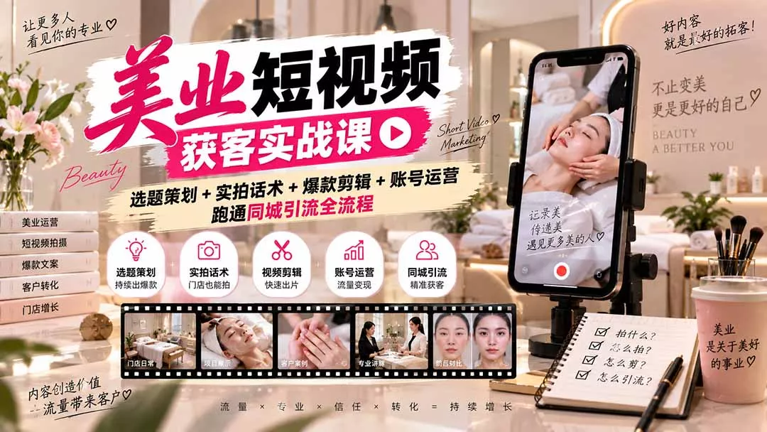 美业短视频获客实战课-无水印:选题策划+实拍话术+爆款剪辑+账号运营,跑通同城引流全流程 美业短视频获客实战课-无水印:选题策划+实拍话术+爆款剪辑+账号