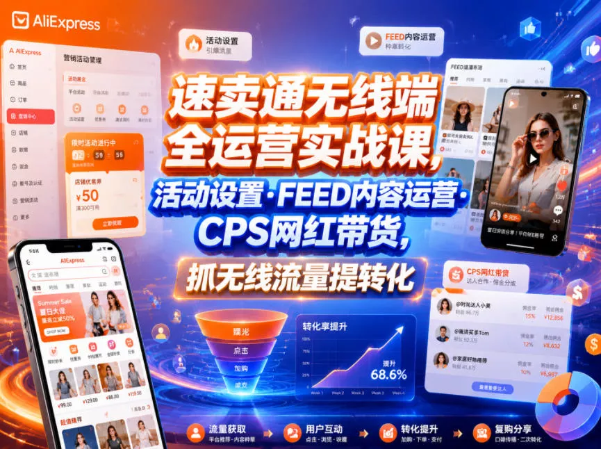 速卖通无线端全运营实战课，活动设置・FEED内容运营・CPS网红带货，抓无线流量提转化客创社区-专注互联网轻资产资源整合与分享客创社区-专注互联网轻资产资源整合与分享