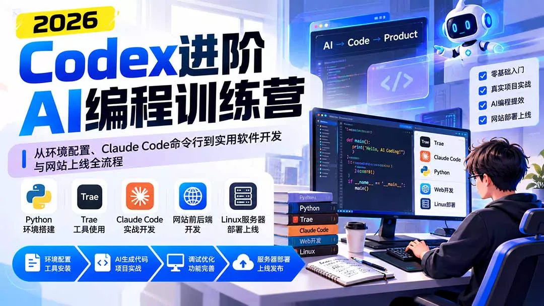Codex进阶AI编程训练营：从环境配置、Claude Code命令行到实用软件开发与网站上线全流程-鱼见海资源网-免费PHP网站源码模板,插件软件网创AI智能体资源分享平台！