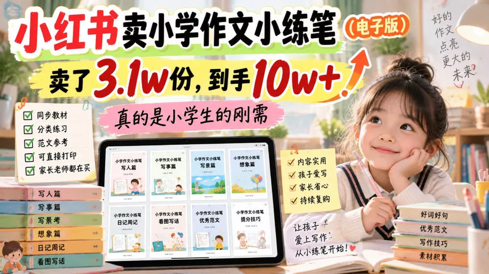 小红书卖小学作文小练笔(电子版)，卖了3.1w份，到手10w+，真的是小学生的刚需主用 -、辅助 +中赚AI网