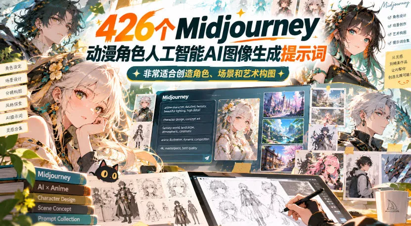 426个Midjourney动漫角色人工智能AI图像生成提示词，非常适合创造角色、场景和艺术构图-鱼见海资源网-免费PHP网站源码模板,插件软件网创AI智能体资源分享平台！