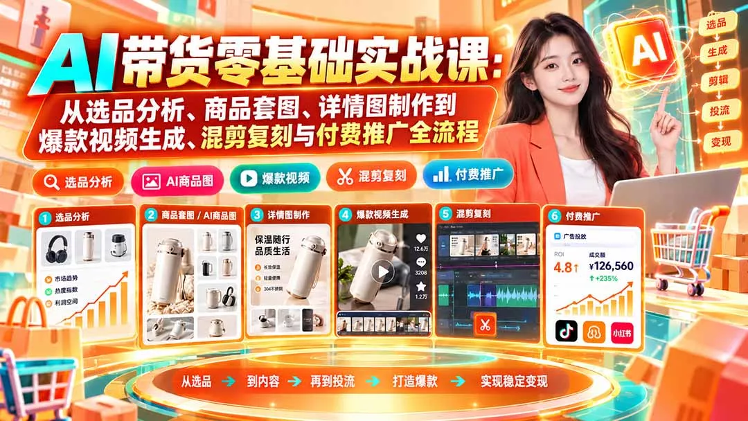 AI带货零基础实战课：从选品分析、商品套图、详情图制作到爆款视频生成、混剪复刻与付费推广全流程-鱼见海资源网-免费PHP网站源码模板,插件软件网创AI智能体资源分享平台！