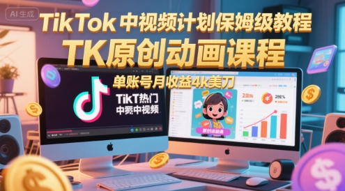 TikTok中视频计划保姆级教程，TK原创动画课程，单账号月收益4k美刀-客创社 - 专注互联网轻资产创业及网络项目资源整合与分享客创社-免费且强大的项目分享网站！