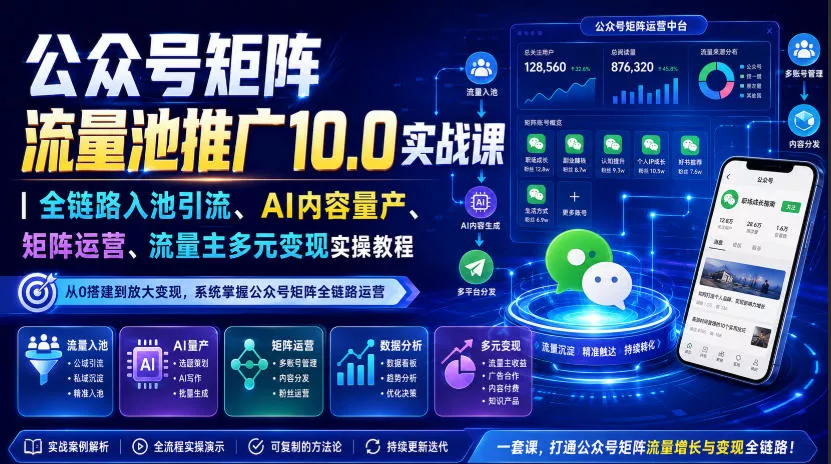 公众号矩阵流量池推广10.0实战课｜全链路入池引流、AI内容量产、矩阵运营、流量主多元变现实操教程 《鱼见海科技》-鱼见海资源网-免费PHP网站源码模板,插件软件网创AI智能体资源分享平台！