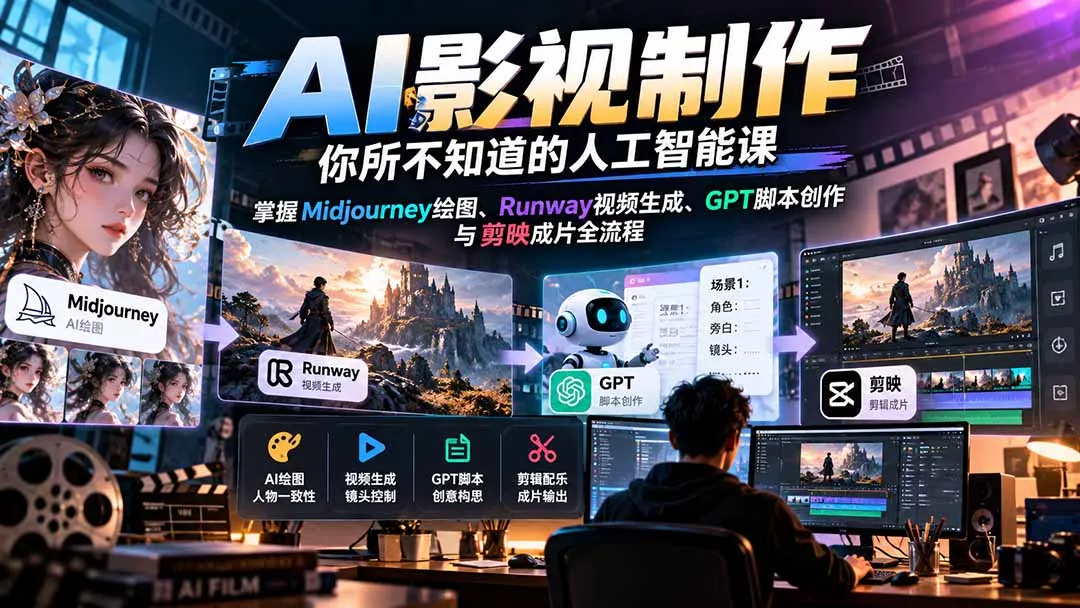 【无水印】AI影视制作-你所不知道的人工智能课，掌握Midjourney绘图、Runway视频生成、GPT脚本创作与剪映成片全流程-第一人副业终点站