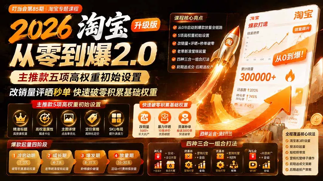 2026淘宝从零到爆2.0第85期；主推款五项高权重初始设置，改销量评晒秒单快速破零积累基础权重-鱼见海资源网-免费PHP网站源码模板,插件软件网创AI智能体资源分享平台！