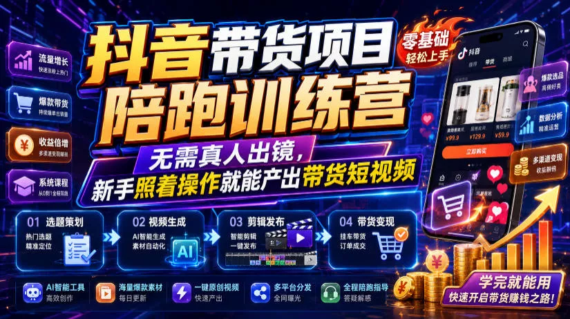 抖音带货项目陪跑训练营，无需真人出镜，新手照着操作就能产出带货短视频(更新0811) 《鱼见海科技》-鱼见海资源网-免费PHP网站源码模板,插件软件网创AI智能体资源分享平台！
