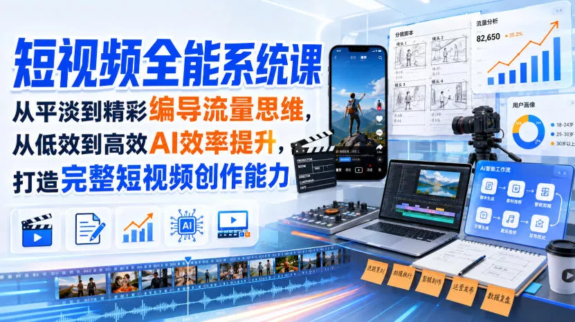 短视频全能系统课，从平淡到精彩编导流量思维，从低效到高效AI效率提升，打造完整短视频创作能力(完整版)客创社区-专注互联网轻资产资源整合与分享客创社区-专注互联网轻资产资源整合与分享