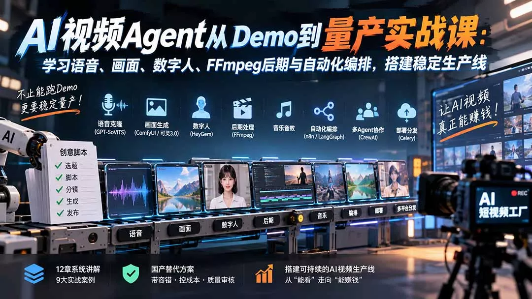 AI视频Agent从Demo到量产实战课：学习语音、画面、数字人