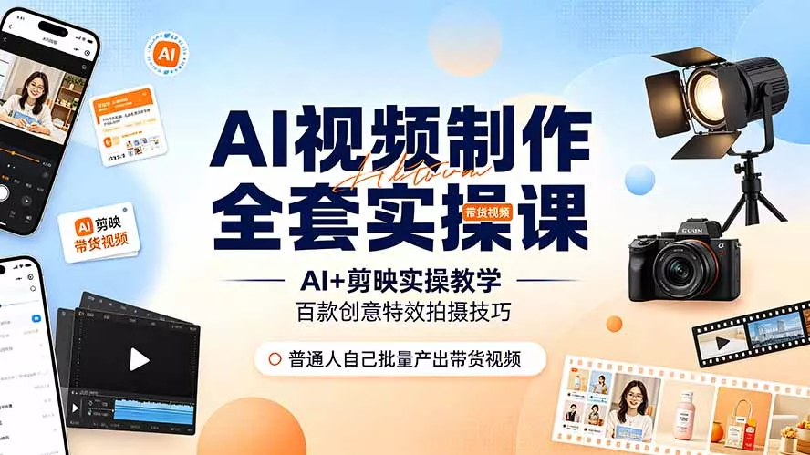 AI视频制作全套实操课，多款AI工具搭配剪映教学，百种特效运镜拍摄实操，抖音账号带货运营全覆盖客创社区-专注互联网轻资产资源整合与分享客创社区-专注互联网轻资产资源整合与分享
