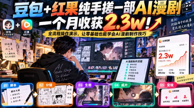 豆包+红果纯手搓一部AI漫剧一个月收获2.3w！全流程操作演示，让零基础也能学会AI漫剧制作技巧客创社区-专注互联网轻资产资源整合与分享客创社区-专注互联网轻资产资源整合与分享
