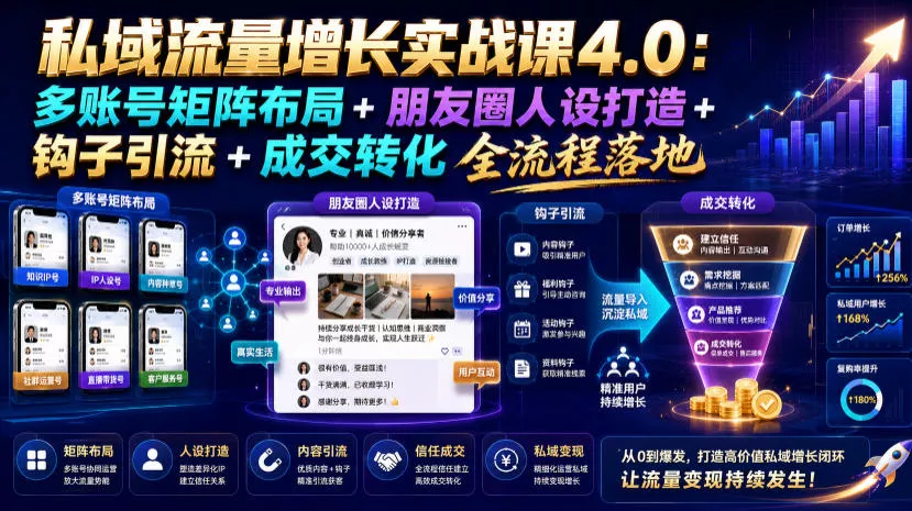 私域流量增长实战课4.0：多账号矩阵布局+朋友圈人设打造+钩子引流+成交转化全流程落地 《鱼见海科技》-鱼见海资源网-免费PHP网站源码模板,插件软件网创AI智能体资源分享平台！