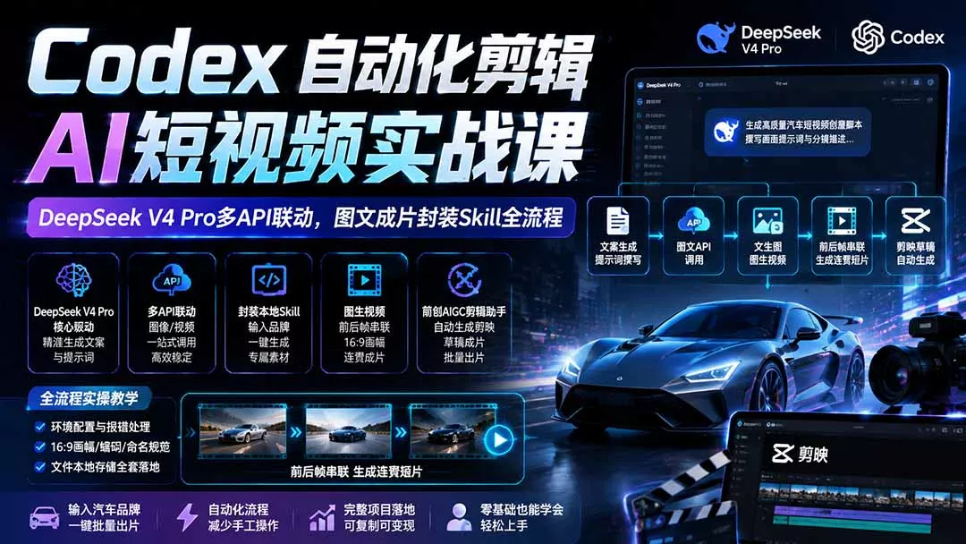 Codex自动化剪辑AI短视频实战课｜DeepSeek V4 Pro多API联动，图文成片封装Skill全流程-鱼见海资源网-免费PHP网站源码模板,插件软件网创AI智能体资源分享平台！