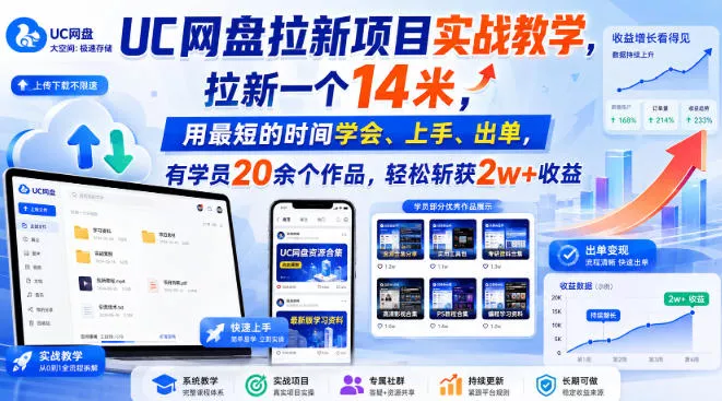 UC网盘拉新项目实战教学，拉新一个14米，用最短的时间学会、上手、出单，有学员20余个作品，轻松斩获2w+收益客创社区-专注互联网轻资产资源整合与分享客创社区-专注互联网轻资产资源整合与分享