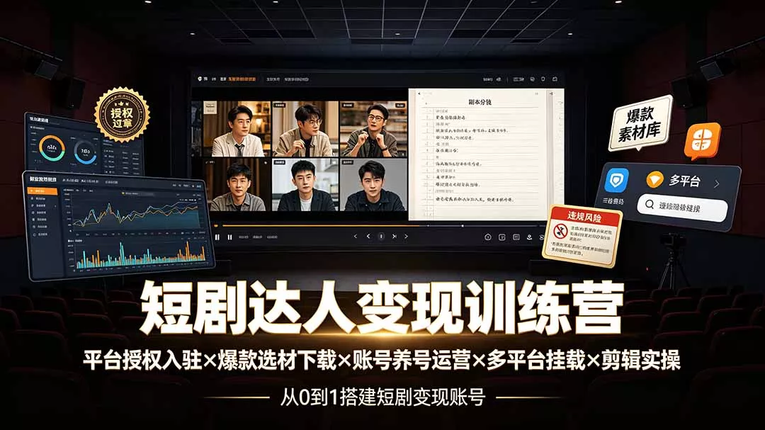 短剧达人变现训练营：平台授权入驻×爆款选材下载×账号养号运营×多平台挂载×剪辑实操×违规处理全流程 《鱼见海科技》-鱼见海资源网-免费PHP网站源码模板,插件软件网创AI智能体资源分享平台！