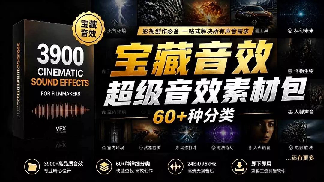 宝藏音效合集包！60+多种音效分类，共计3900个，分类清晰，全中文分类，高品质剪辑音效素材包-鱼见海资源网-免费PHP网站源码模板,插件软件网创AI智能体资源分享平台！