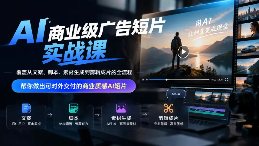 AI商业级广告短片实战课，覆盖从文案、脚本、素材生成到剪辑成片的全流程，帮你做出可对外交付的商业质感AI短片客创社区-专注互联网轻资产资源整合与分享客创社区-专注互联网轻资产资源整合与分享