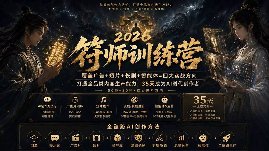 符师训练营-35天成为AI时代创作者，广告+短片+漫剧+智能体四大实战方向，掌握从创意到上线的完整工作流客创社区-专注互联网轻资产资源整合与分享客创社区-专注互联网轻资产资源整合与分享