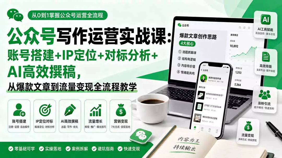 公众号写作运营实战课：账号搭建+IP定位+对标分析+AI高效撰稿，从爆款文章到流量变现全流程教学