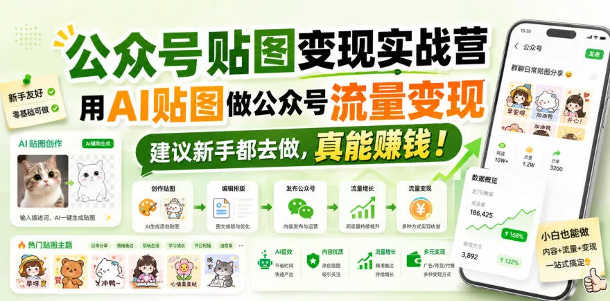公众号贴图变现实战营，用AI贴图做公众号流量变现，建议新手都去做，真能賺钱！ 《鱼见海科技》-鱼见海资源网-免费PHP网站源码模板,插件软件网创AI智能体资源分享平台！