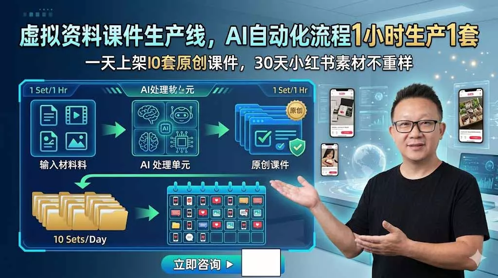 虚拟资料课件生产线，AI自动化流程1小时生产1套，一天上架10套原创课件，30天小红书素材不重样 《鱼见海科技》-鱼见海资源网-免费PHP网站源码模板,插件软件网创AI智能体资源分享平台！