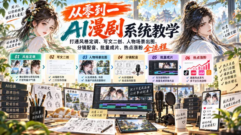 从零到一AI漫剧系统教学，打通风格定调、写文二创、人物场景出图、分镜配音、批量成片、热点涨粉全流程 《鱼见海科技》-鱼见海资源网-免费PHP网站源码模板,插件软件网创AI智能体资源分享平台！
