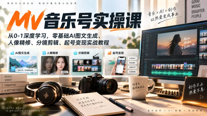 AI MV音乐号实操课，从0-1深度学习，零基础AI图文生成、人像精修、分镜剪辑、起号变现实战教程 《鱼见海科技》-鱼见海资源网-免费PHP网站源码模板,插件软件网创AI智能体资源分享平台！