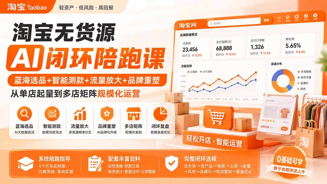 淘宝无货源AI闭环陪跑课：蓝海选品+智能测款+流量放大+品牌重塑，从单店起量到多店矩阵规模化运营 《鱼见海科技》-鱼见海资源网-免费PHP网站源码模板,插件软件网创AI智能体资源分享平台！