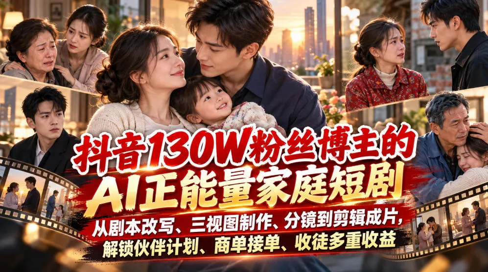 抖音130W粉丝博主的AI正能量家庭短剧，从剧本改写、三视图制作、分镜到剪辑成片，解锁伙伴计划、商单接单、收徒多重收益 《鱼见海科技》-鱼见海资源网-免费PHP网站源码模板,插件软件网创AI智能体资源分享平台！