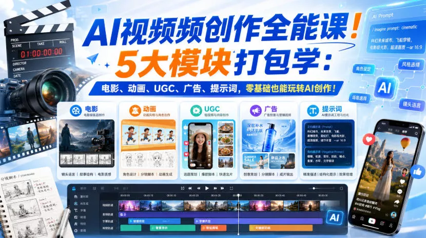 AI视频频创作全能课！5大模块打包学：电影、动画、UGC、广告、提示词，零基础也能玩转AI创作！【原创双语字幕】 《鱼见海科技》-鱼见海资源网-免费PHP网站源码模板,插件软件网创AI智能体资源分享平台！
