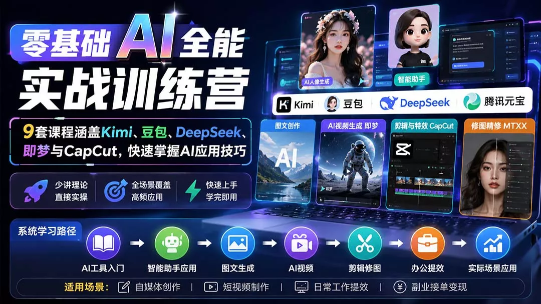 零基础AI全能实战训练营：9套课程涵盖Kimi、豆包、DeepSeek、即梦与CapCut，快速掌握AI应用技巧客创社区-专注互联网轻资产资源整合与分享客创社区-专注互联网轻资产资源整合与分享