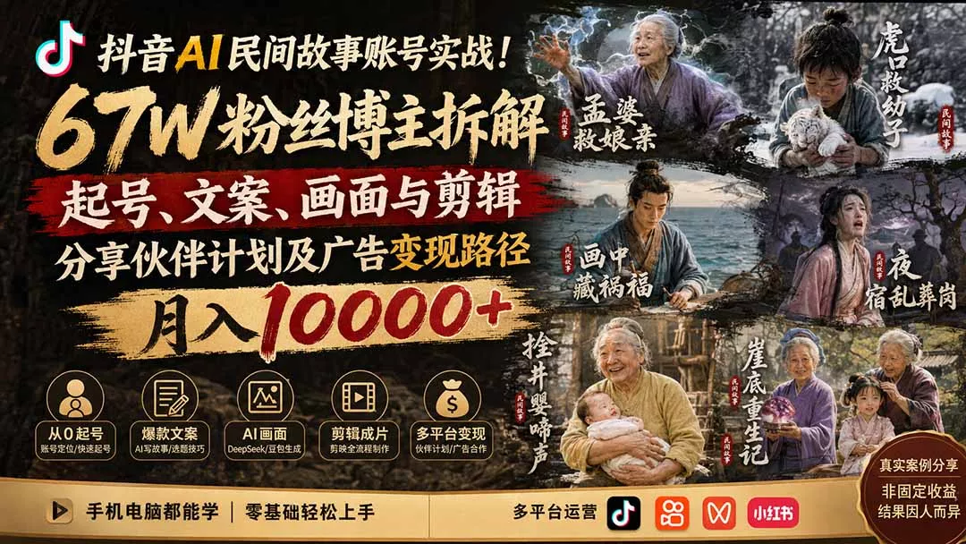 抖音AI民间故事账号实战！67W粉丝博主拆解起号、文案、画面与剪辑，分享伙伴计划及广告变现路径，月入10000+客创社区-专注互联网轻资产资源整合与分享客创社区-专注互联网轻资产资源整合与分享