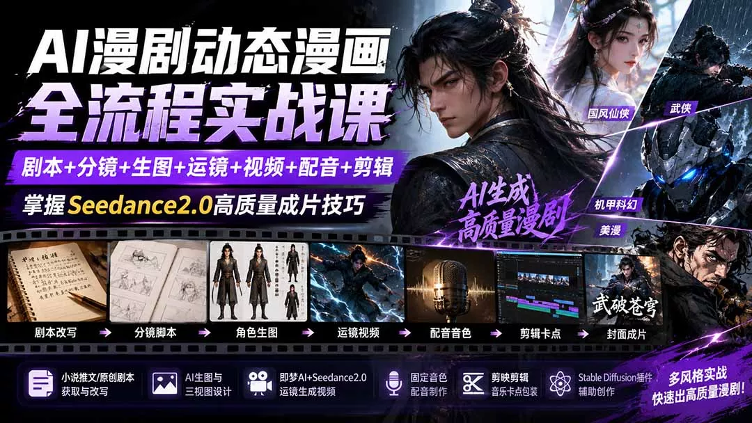 AI漫剧动态漫画全流程实战课：剧本+分镜+生图+运镜+视频+配音+剪辑，掌握Seedance2.0高质量成片技巧客创社区-专注互联网轻资产资源整合与分享客创社区-专注互联网轻资产资源整合与分享