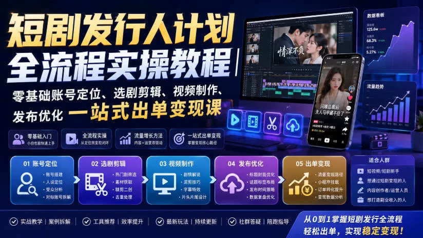 短剧发行人计划全流程实操教程｜零基础账号定位、选剧剪辑、视频制作、发布优化一站式出单变现课星享资源网星享资源网