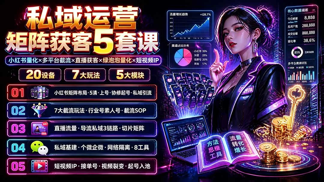 私域运营矩阵获客5套课：小红书量化×多平台截流×直播获客×绿泡泡量化×短视频IP×20设备×7大玩法客创社区-专注互联网轻资产资源整合与分享客创社区-专注互联网轻资产资源整合与分享