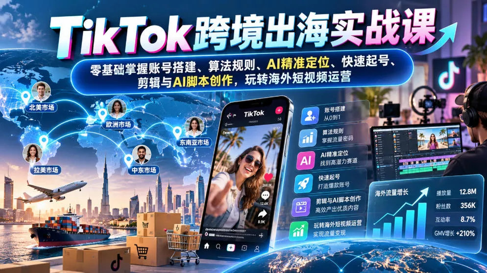 TikTok跨境出海实战课：零基础掌握账号搭建、算法规则、AI精准定位、快速起号、剪辑与AI脚本创作，玩转海外短视频运营客创社区-专注互联网轻资产资源整合与分享客创社区-专注互联网轻资产资源整合与分享