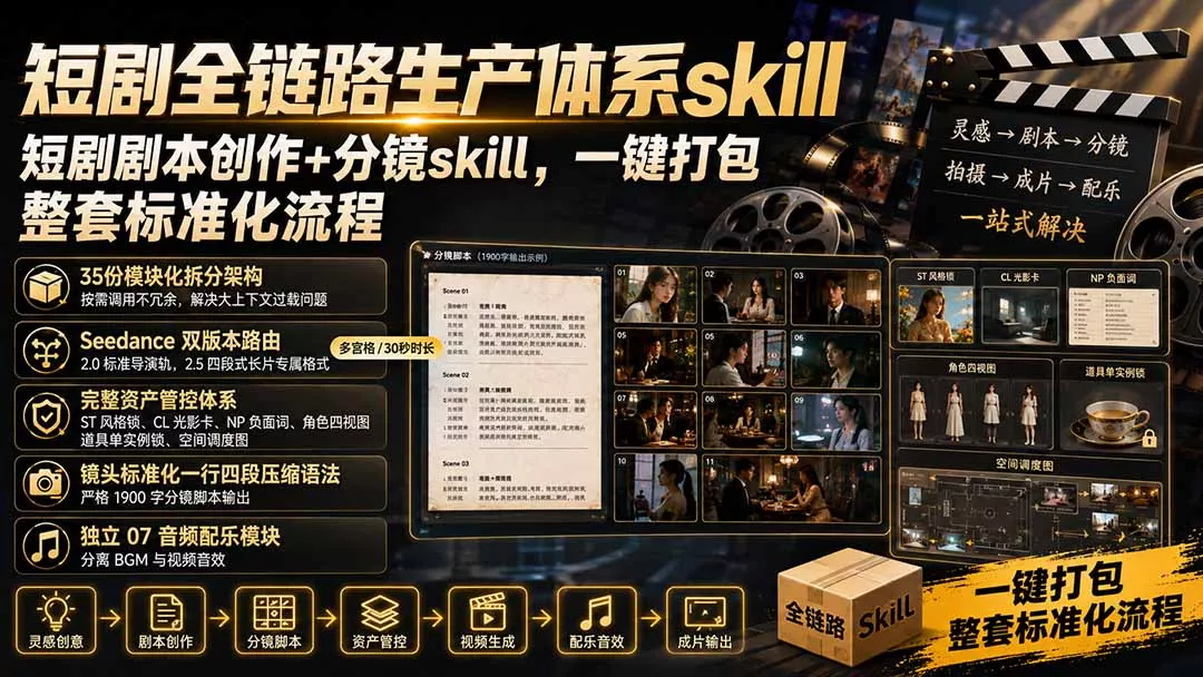 短剧全链路生产体系skill，短剧剧本创作+分镜skill，一键打包，整套标准化流程星享资源网星享资源网
