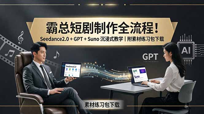霸总短剧制作全流程！Seedance2.0 + GPT + Suno 沉浸式教学｜附素材练习包下载-鱼见海资源网-免费PHP网站源码模板,插件软件网创AI智能体资源分享平台！