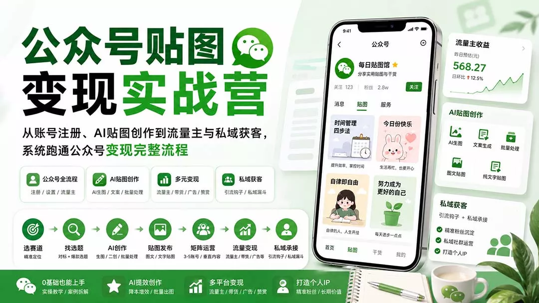 公众号贴图变现实战营：从账号注册、AI贴图创作到流量主与私域获客，系统跑通公众号变现完整流程客创社区-专注互联网轻资产资源整合与分享客创社区-专注互联网轻资产资源整合与分享