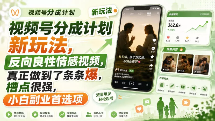 视频号分成计划新玩法，反向良性情感视频，真正做到了条条爆，槽点很强，小白副业首选项客创社区-专注互联网轻资产资源整合与分享客创社区-专注互联网轻资产资源整合与分享