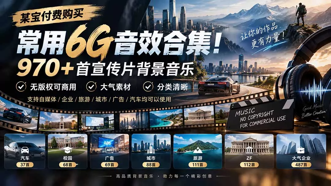 某宝付费购买，常用6G音效合集！970+首宣传片背景音乐，无版权可商用大气素材，分类清晰-鱼见海资源网-免费PHP网站源码模板,插件软件网创AI智能体资源分享平台！