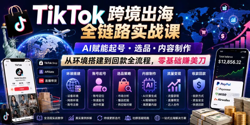 TikTok跨境出海全链路实战课，AI赋能起号・选品・内容制作，从环境搭建到回款全流程，零基础賺美刀 《鱼见海科技》-鱼见海资源网-免费PHP网站源码模板,插件软件网创AI智能体资源分享平台！