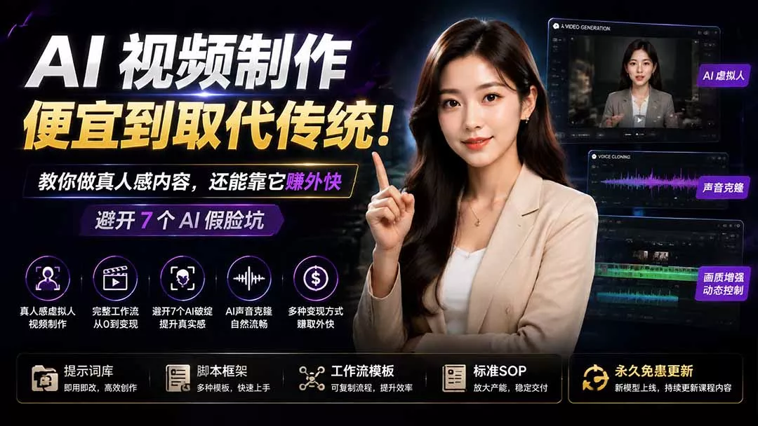 AI视频制作便宜到取代传统！教你做真人感内容，还能靠它赚外快(避开7个AI假脸坑-聚码资源