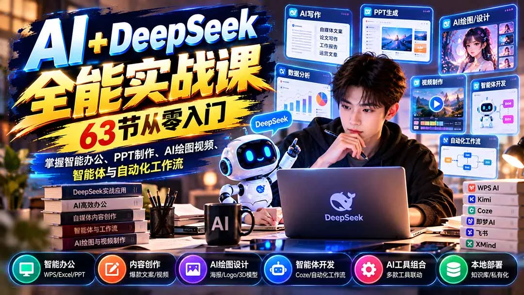 AI+DeepSeek全能实战课：63节从零入门，掌握智能办公、PPT制作、AI绘图视频、智能体与自动化工作流客创社区-专注互联网轻资产资源整合与分享客创社区-专注互联网轻资产资源整合与分享