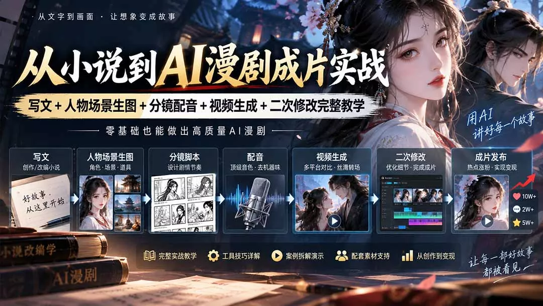 从小说到AI漫剧成片实战：写文+人物场景生图+分镜配音+视频生成+二次修改完整教学 《鱼见海科技》-鱼见海资源网-免费PHP网站源码模板,插件软件网创AI智能体资源分享平台！