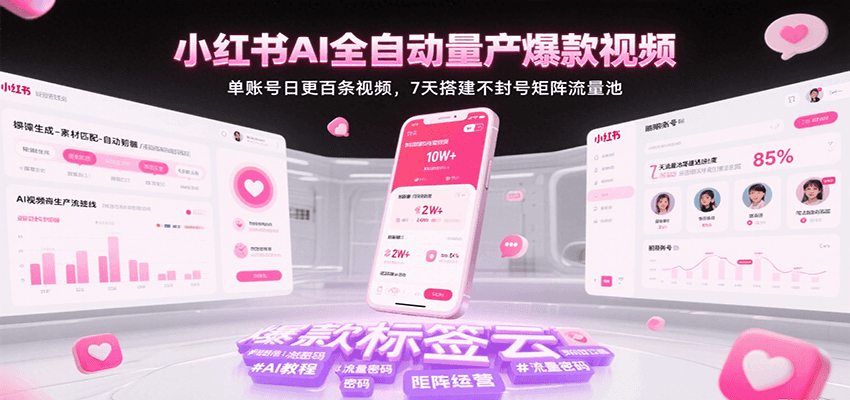 小红书AI全自动量产爆款视频，单账号日更百条视频，7天搭建不封号矩阵流量池-客创社 - 专注互联网轻资产创业及网络项目资源整合与分享客创社-免费且强大的项目分享网站！