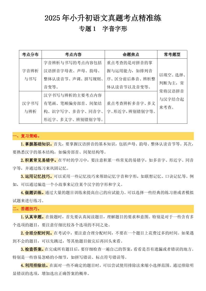 小升初语文备考真题分类汇编专题1字音字形-客创社 - 专注互联网轻资产创业及网络项目资源整合与分享客创社-免费且强大的项目分享网站！