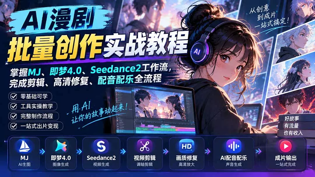 AI漫剧批量创作实战教程：掌握MJ、即梦4.0、Seedance2工作流，完成剪辑、高清修复、配音配乐全流程-鱼见海资源网-免费PHP网站源码模板,插件软件网创AI智能体资源分享平台！